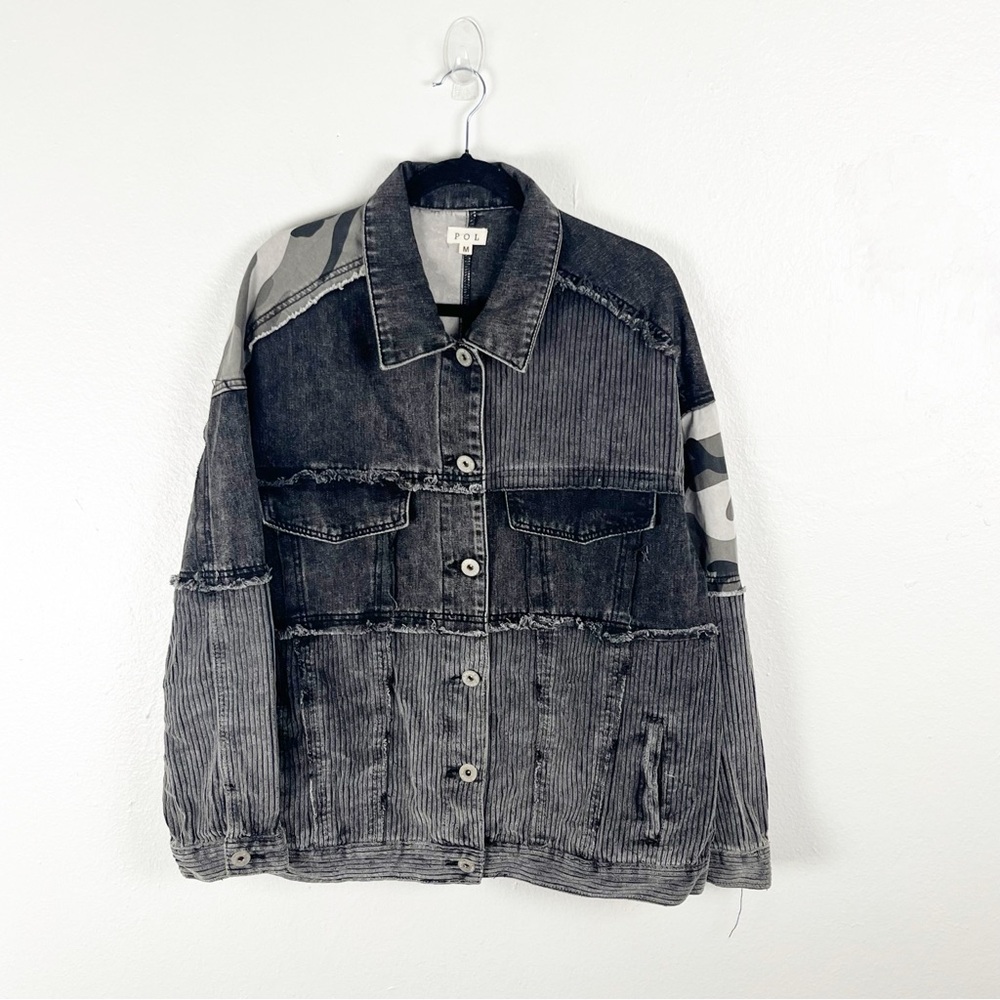 POL Black Wash Corduroy Camo Jean Mixed Prints Long Sleeves Button Jacket Medium - Picture 11 of 11